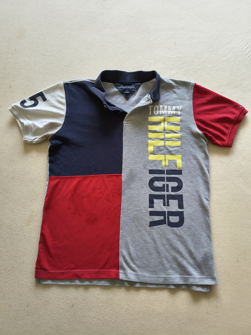 Tommy Hilfiger Kids Colorblock Polo Shirt Big Logo Red Navy Gray Size Youth XL